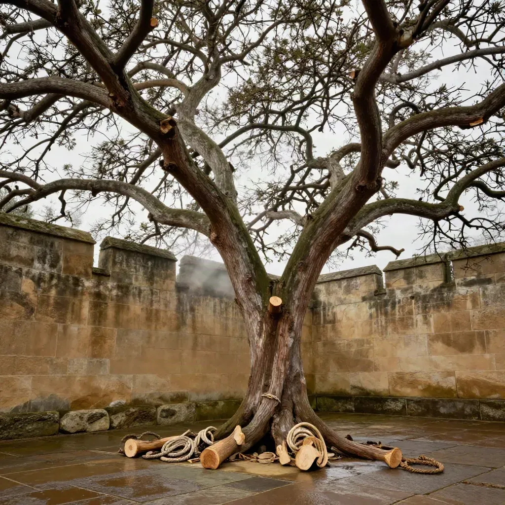 Reduced lime canopy above a sandstone wall with rope coils and cut wood rounds