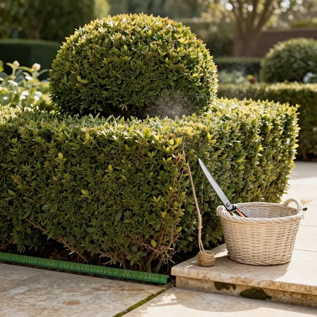 Clipped yew hedge corner with a topiary dome, fresh trimmings, and hedge shears in warm garden light.