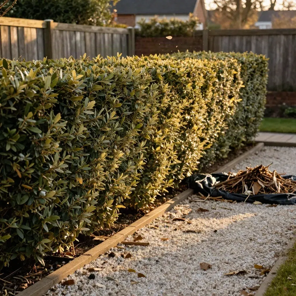 Long privet hedge neatly trimmed beside a tarp of clippings and a gravel garden edge at dusk
