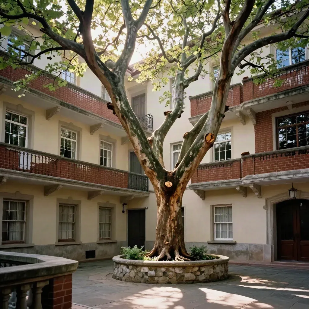Reduced courtyard tree above brick balconies with brighter windows and warm daylight