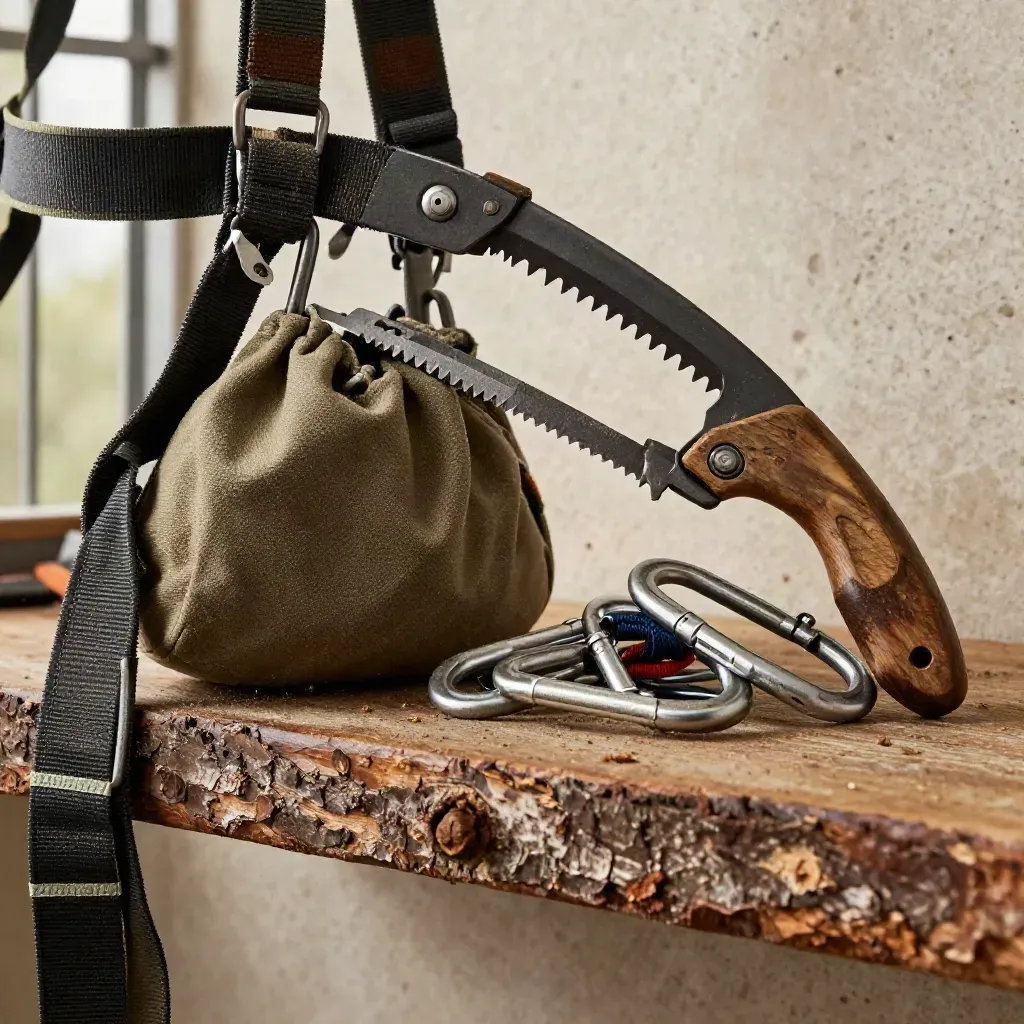 Macro still life of arborist climbing kit on a weathered timber shelf with soft workshop light.