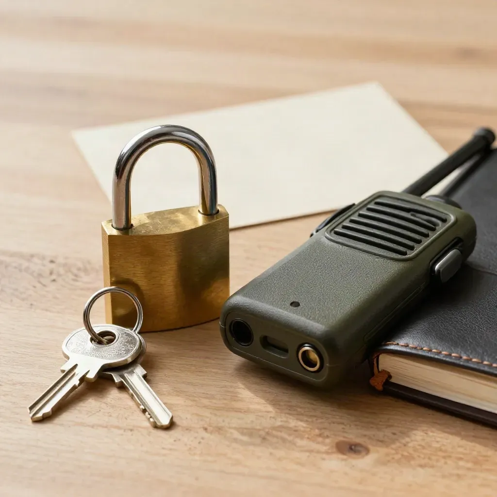 Gate keys, brass padlock, handheld radio and notebook on pale timber in soft daylight.