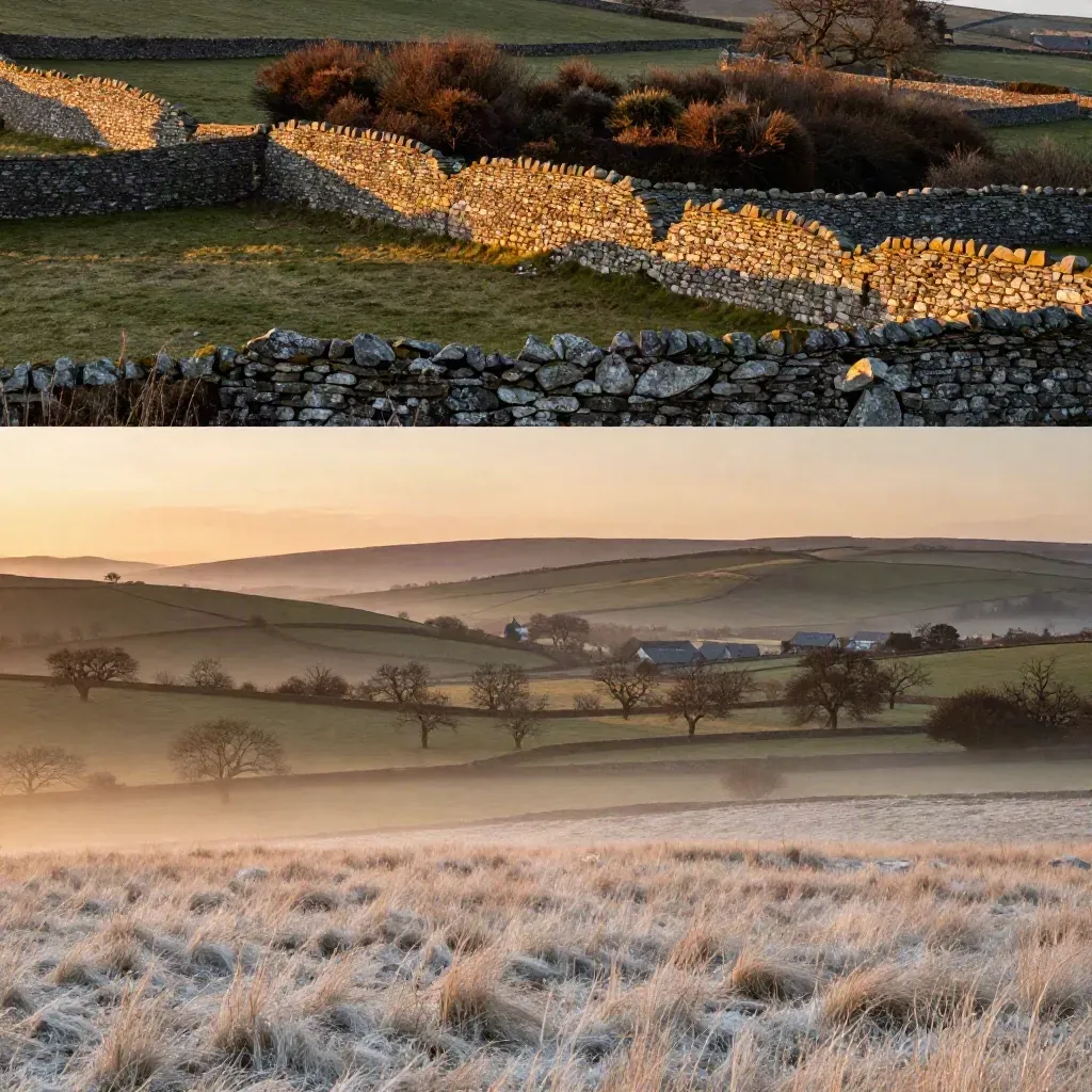 Cotswold stone walls and orchard hills glowing at sunset under soft haze.